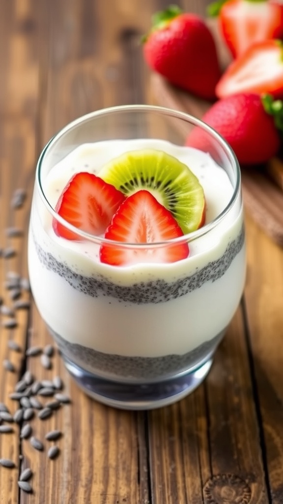 A layered coconut chia pudding with kiwi and strawberries in a glass on a wooden table.